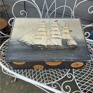 Vintage Ship Motif Decorative Box - Cream & Black